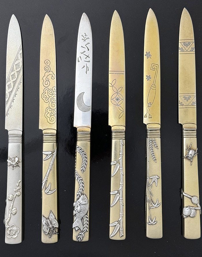 Six Tiffany antique sterling silver fruit knives applied